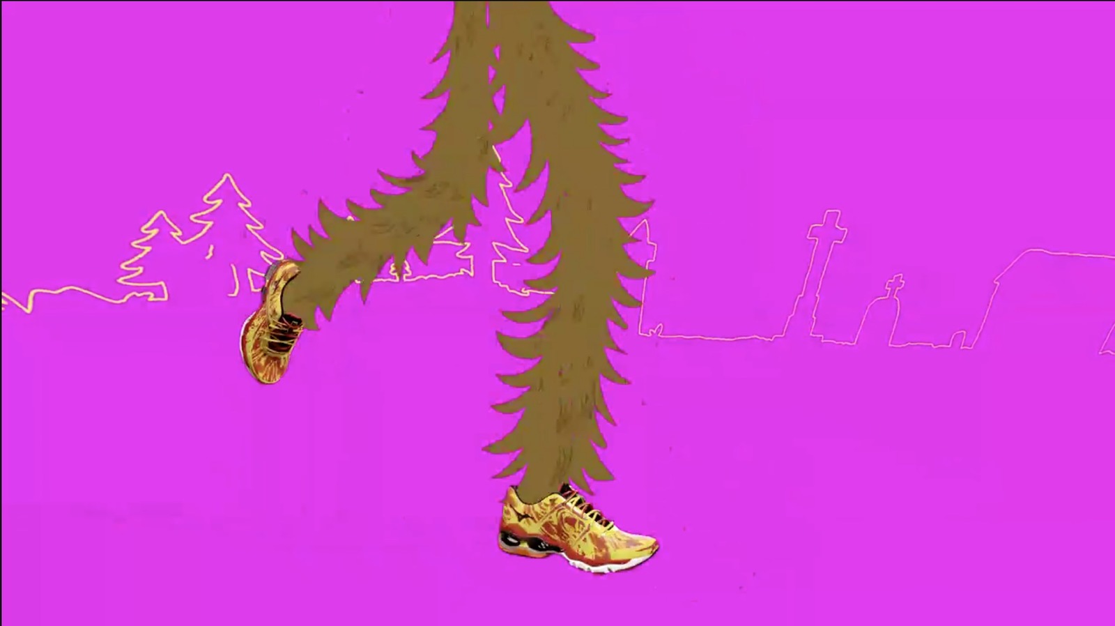 Mizuno Run Run Run, a running shoe in a drawn world of flat colour